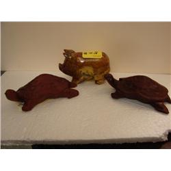 Two Wooden Turtles & One Stone Pig