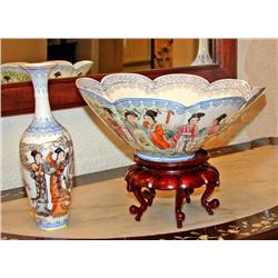 Blue & White Vase/ Bowl (Cracked) & Stand