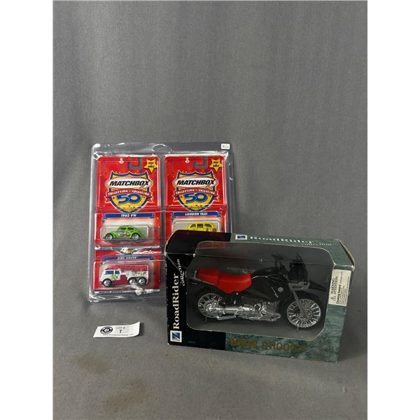 One Set Of 4 - 50th Anniversary Matchbox & New Rider BMW R1100GS Motor Cycle Die Cast Metal Collecti