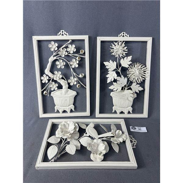 3 Framed White Metal Asian Inspired Floral Art - 7" x 11"