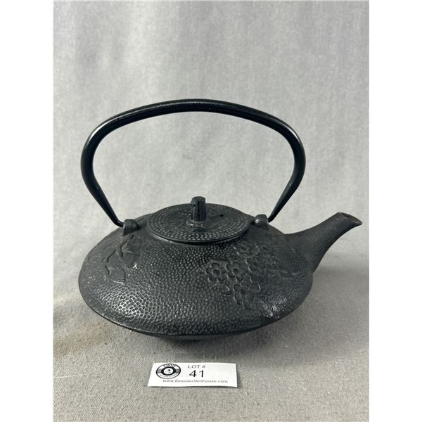 Vintage Cast Iron Bamboo Design Teapot w/ Rigid Handle