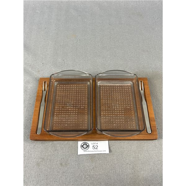 MCM Danish Luthje Teak Tidbit Tray w/ Inserts & Forks