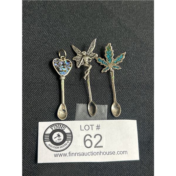 3 Vintage Small Sterling Pendant Spoons (turquoise, abalone inlay)