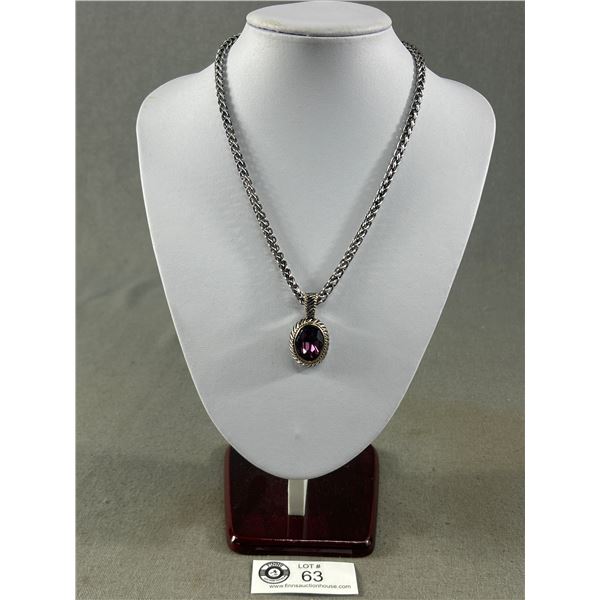 Pretty Costume Necklace w/ Heavier Silver Chain & Amethyst Coloured Stone Drop
