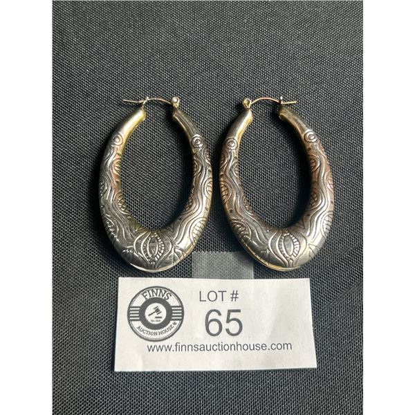 Nice Larger Size Engraved Silver Oval Hoop Earrings