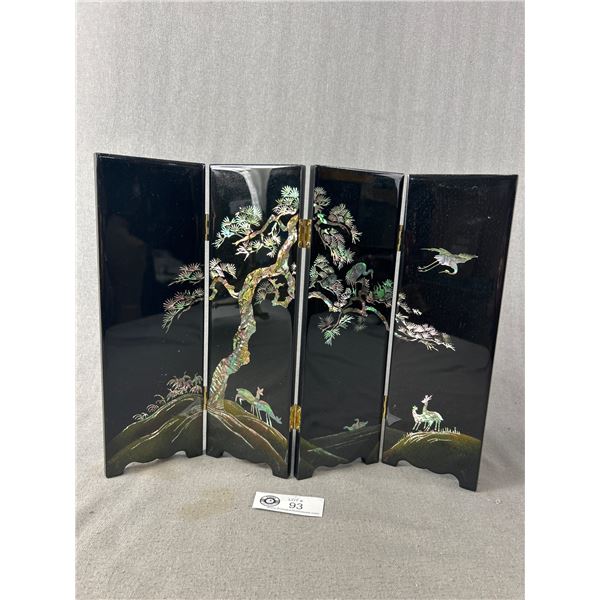 Tabletop Screen Wood & Shell Inlay 4 Panel Black Lacquer - Abalone Tree With Birds & Animals 11" H