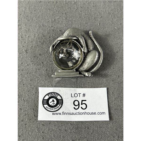 Vtg JJ Jonette Pewter Cat with Head in Fishbowl Jelly Belly Pin Brooch - 1.75" X 1.75"
