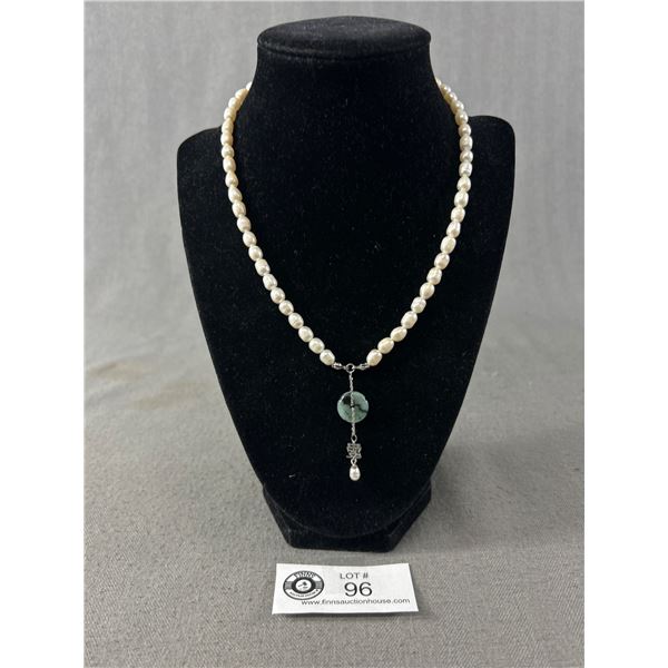 Genuine Pearl Necklace 925 Sterling Findings & 925 Jade & Lucky Symbol Pendant - 14" + 3.5" Extender