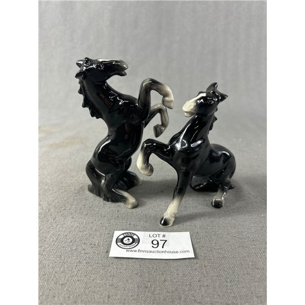 2 Vintage Porcelain Black Horse Figurine Stallion Prancing Rearing - No Chips Or Cracks