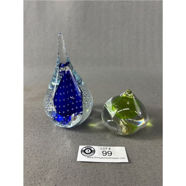 2 Signed Paperweights - Adam Jablonski Art Glass Controlled Bubble Blue Paperweight 5.5" & Signed Gr