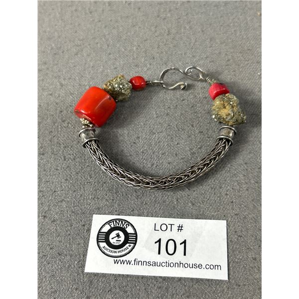 Unusual Sterling Silver 925 Coral & Pyrite Woven Bracelet 7.5" - Good Flexability - Tested