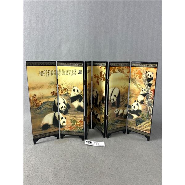 Panda Bear Asian Painted Wood Table Screen Divider 6 Panel 9.5" *18.5"