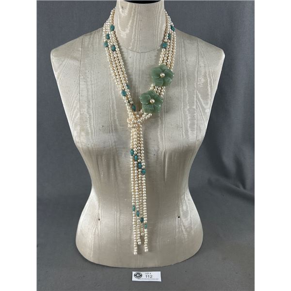 Stunning Statement 36" 4 Strand Genuine Pearl, Jade? Lariat Necklace - Show Stopper