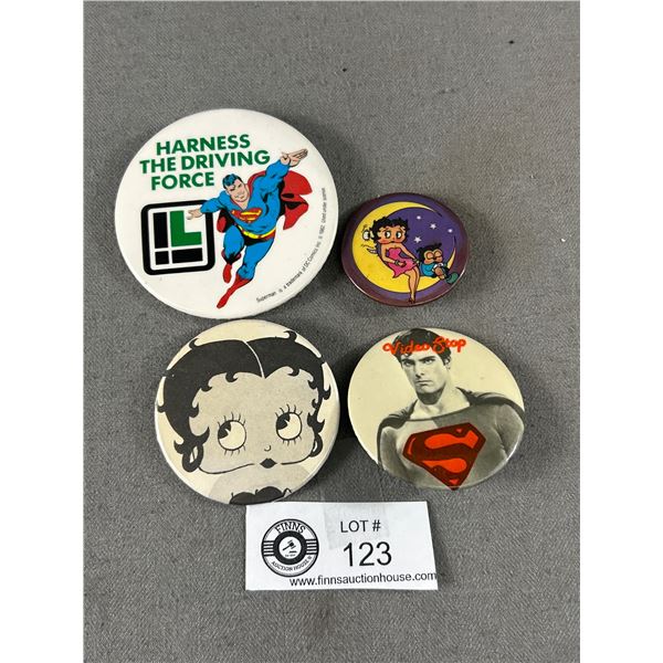 4 Vintage Badges/Pinbacks - 2 Betty Boop & 2 Superman