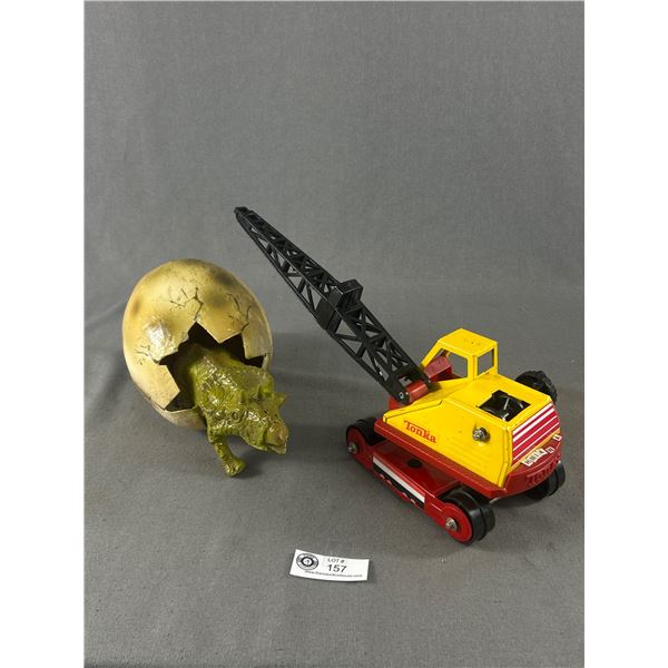 Metal Tonka w/ Plastic Parts Crane Toy.  (as found) & Baby Dinosaur Hatching (Approx. 13"L)