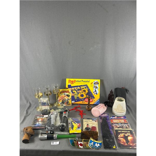 Lot Of Assorted Finds - Oil Candles w/ Lamp Shades, DVD's, Souvenier Stickers & More