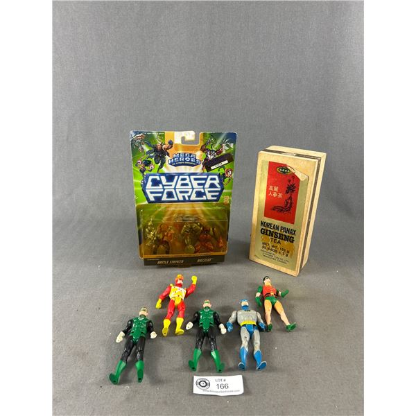 Vintage 1980's DC 4.75" Figures In Tea Box & Ltd Ed. 1995 Mega Heroes Cyber Force In Original Box