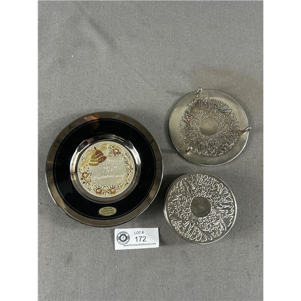 Vintage SilverPlated Steel Coaster Set & 25th Anniversary 6.25" D Chokin Art Dish