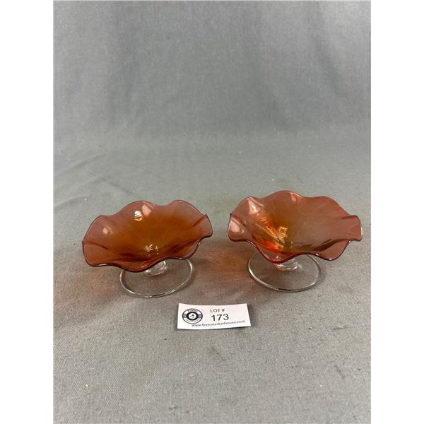2 Late 1800's - Early 1900's Hand Blown w/ Clear Stem Pink Ruffled Trinket Dishes. Approx. 4.5" D x 