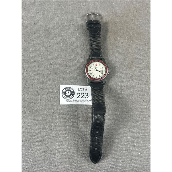 Vintage Swiss Army Watch w/ Red Bezel Date Dial. Leather Watch Band. Needs Battery