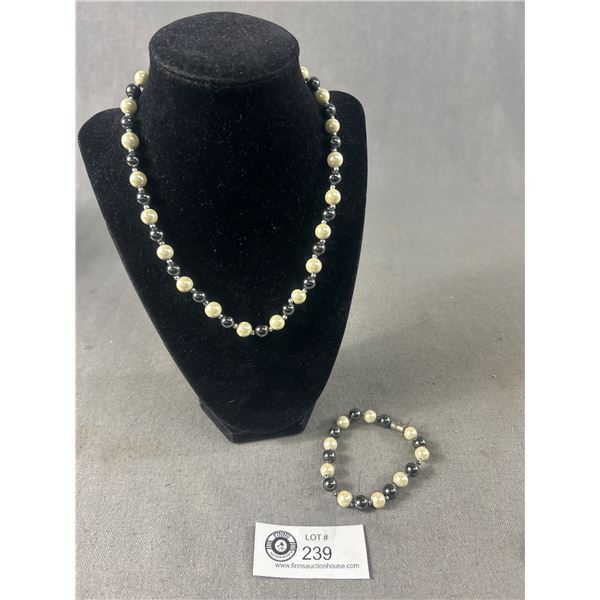 Magnetic Black Beads & Pearls Choker Necklace & Matching Bracelet Set