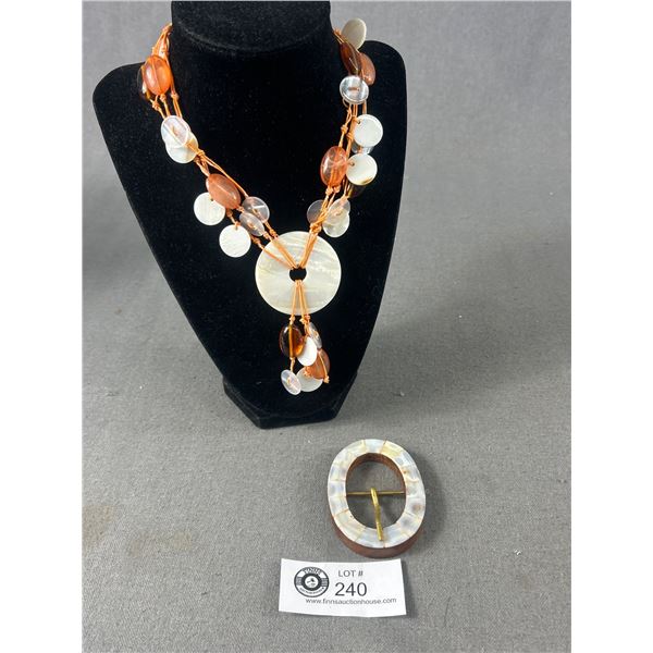 Vintage Mother Of Pearl Necklace & Belt Buckle