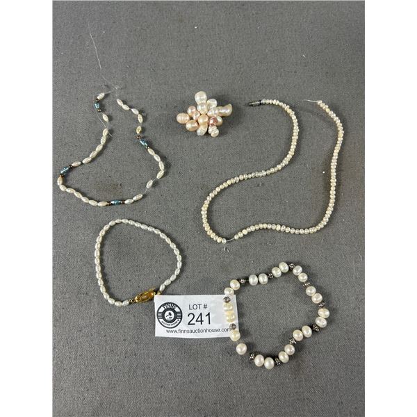 2 Strands Of Genuine Pearls, 2 Bracelets & Brooch