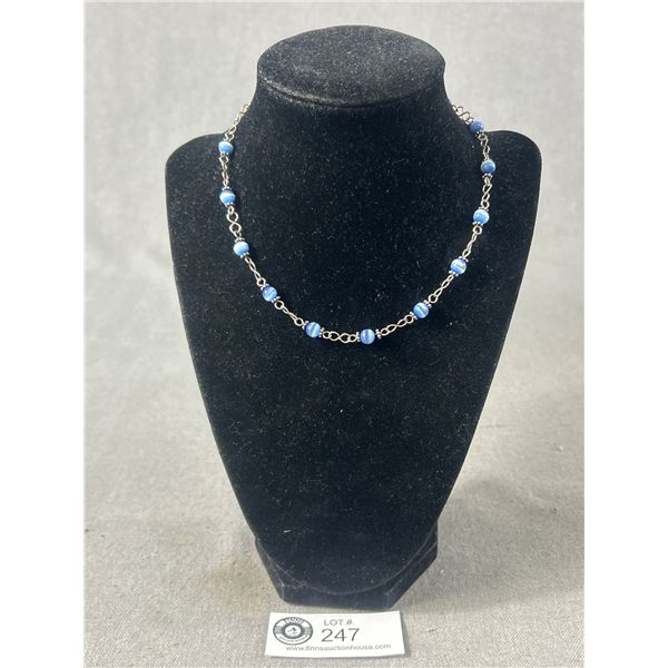Silver w/ Blue Beads Links Necklace, Marked 925