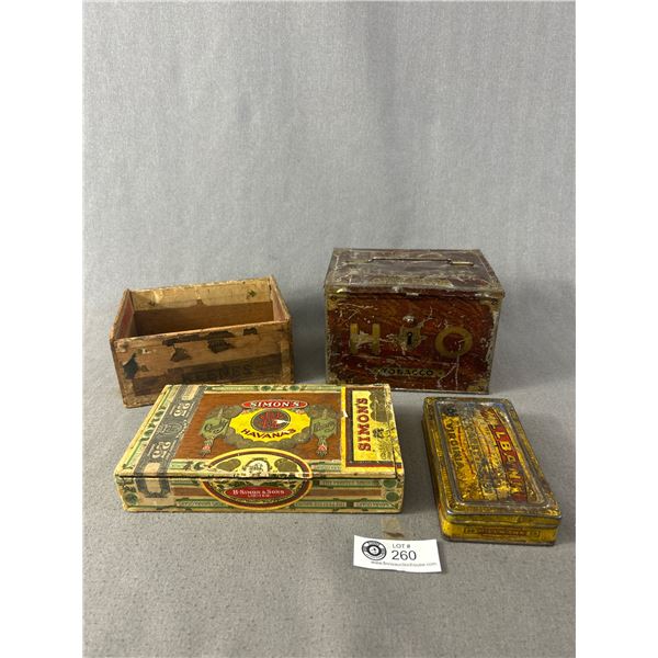 Lot Of 4 Vintage Tobacco Boxes - Wood, Tin & Cardboard