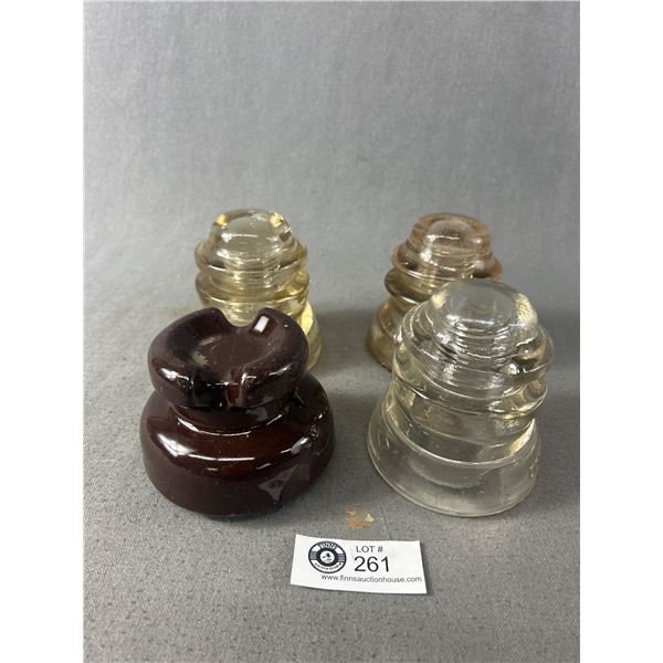 4 Large Insulators - 3 Dominion Glass & 1 Brown Ceramic