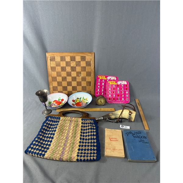 Lot Of Misc Vintage Finds - Powder Horn, Crochet Bag, Enamel Bowls, Baby Ben & More
