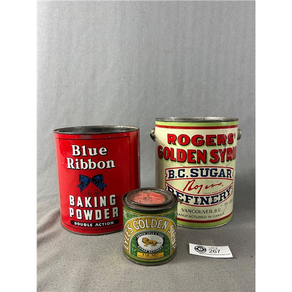 3 Old Kitchen Tins - Large Blue Ribbon Baking Powder, Rogers Syrup (No Lids) & Small Lyle's Golden S