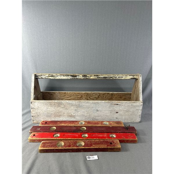 Large Vintage Wood Toolbox w/ 4 Wooden Levels. NO SHIPPING. Approx. 33" x 15" x 8.5"