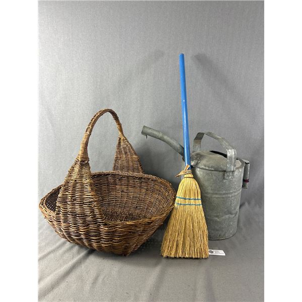 Vintage Garden Lot - Large 19" x 15" x 19"H Wicker Basket, 18"H Watering Can & 30"L Whisk Broom