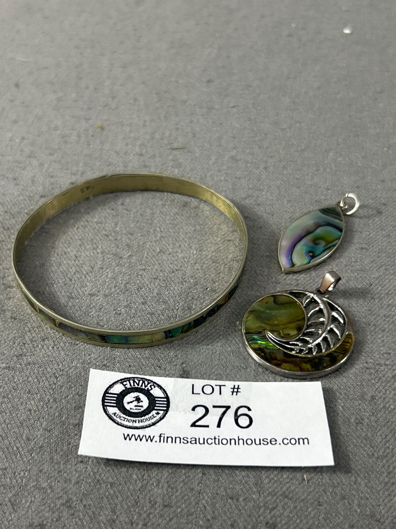 Vintage Abalone Shell Inlaid Bangle & 2 Pendants