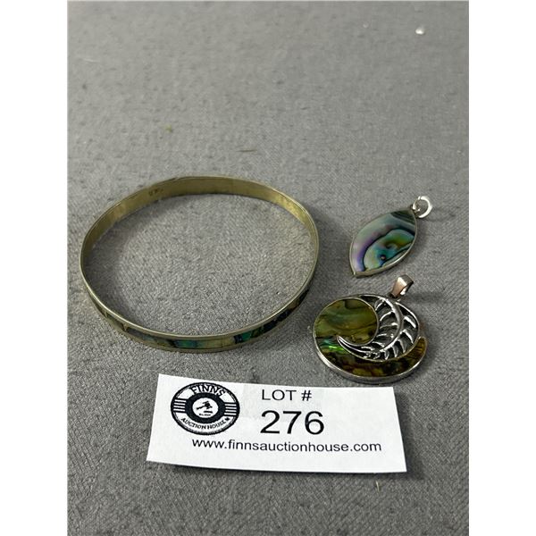 Vintage Abalone Shell Inlaid Bangle & 2 Pendants