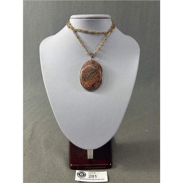 Large Lace Agate Stone Pendant w/ Heavy & Long Chain Necklace