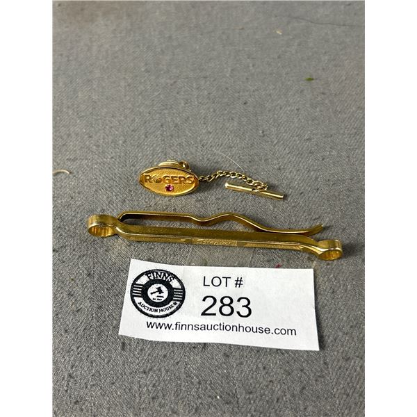 Gold Over Sterling Silver w/ Ruby Stone Rogers Tie Pin & Large Swap On Tie Bar
