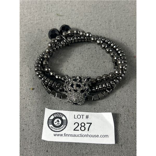 Gorgeous Rhinestones Panther Or Tiger Head w/ Black Beads Bracelet