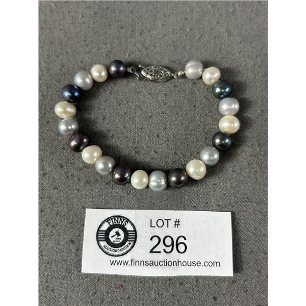 Genuine Black, Grey & White Pearls Bracelet w/ Original Silver Filligree Clasp