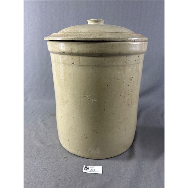 Vintage Medalta Stoneware 8 Gallon Crock Pot. Small chip on lid. NO SHIPPING. Approx. 15.5"H