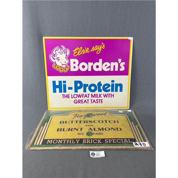 2 Vintage Cardboard Advertisements - "Hazelwood Ice Cream" On Board In Bag (approx. 21" x 11") & "Bo