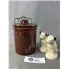 Image 1 : Vintage Mini 4.25" H Stoneware Canister & 3" H RCA Nipper Salt & Pepper Shakers