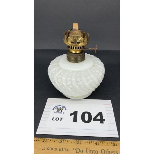DUNCAN MILLER MILK GLASS. EADED SWIRL OIL LAMP,