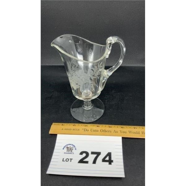 VINTAGE PEDESTAL CREAMER PITCHER, ETCHED 7 i