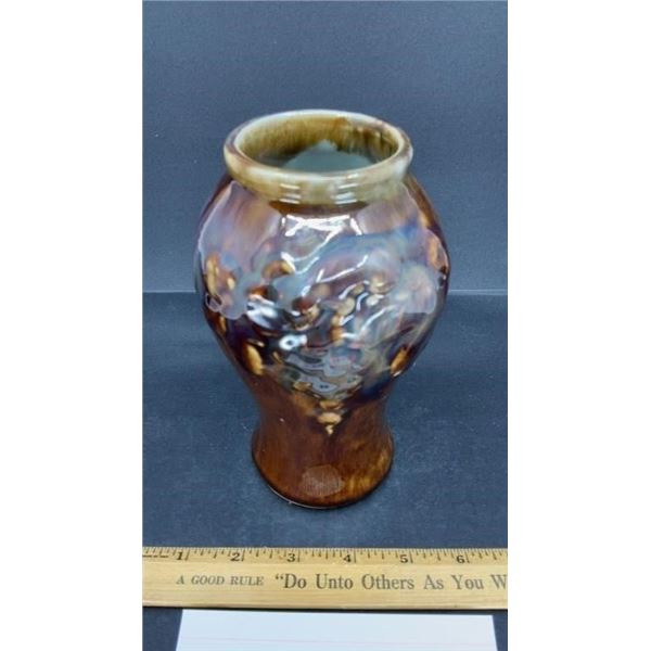 McCOY 7 inch EMBOSSED, BROWN DRIP GLAZE VASE