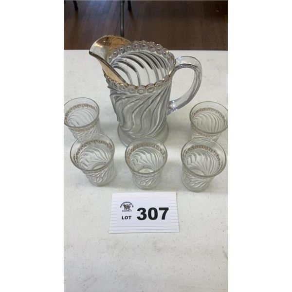 U S GLASS CO. BEADED SWIRL PITCHER & GLASSES