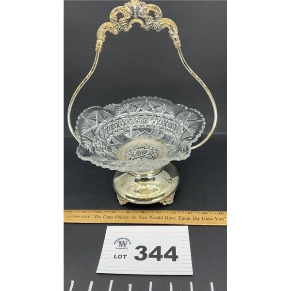 EAPG GLASS BRIDES BASKET, SILVER CARRIER