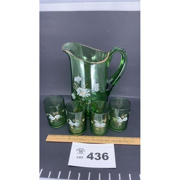 GREEN HAND PAINTED VICTORIAN LEMONADE PITCHER, 4