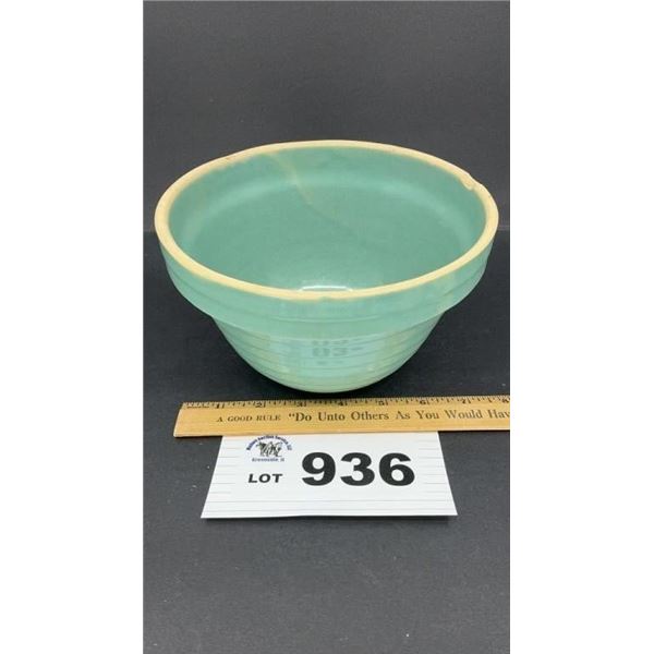 GREEN GLAZED CROCK BOWL, CHIPPED
